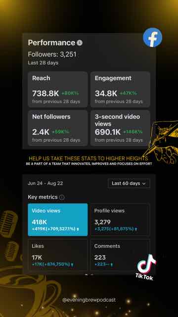 An Instagram story combining Facebook and TikTok stats under the line Help us take these stats to higher heights.