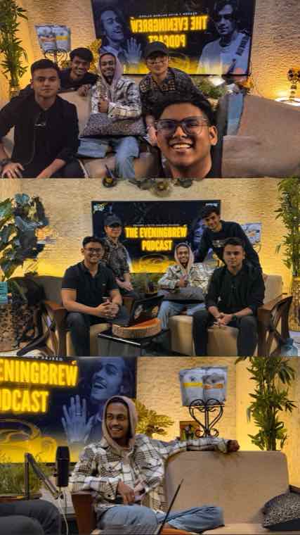A group selfie of Salman and the crew with guest Autanu Jobayer in a plaid jacket, then the team posing in front of the Evening Brew title screen.