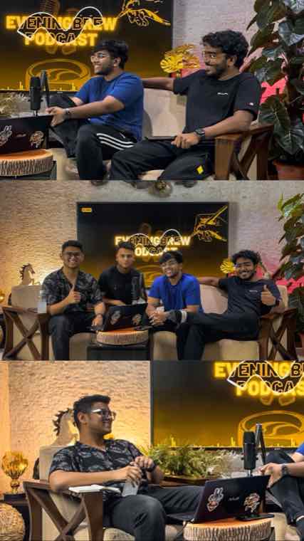 Sameer Scane and Soubhik Das laughing on an earlier Evening Brew set with a black and gold title screen, then posing with the hosts.
