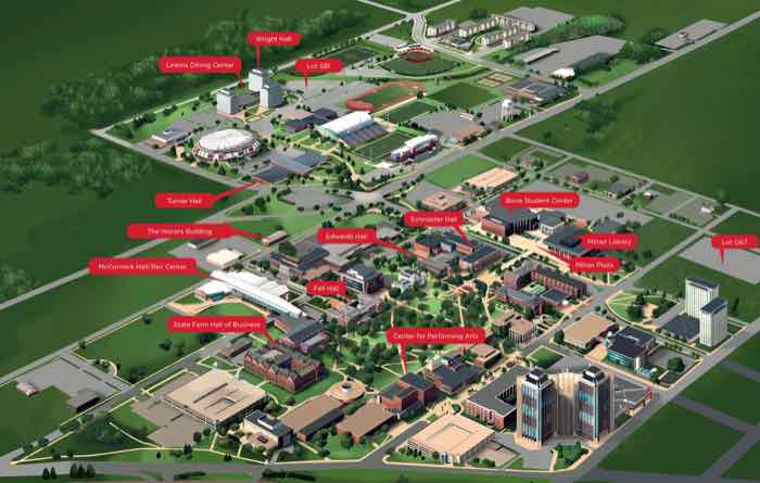 An illustrated aerial map of the Illinois State campus with labels for halls, the library, dining centers and the student center.