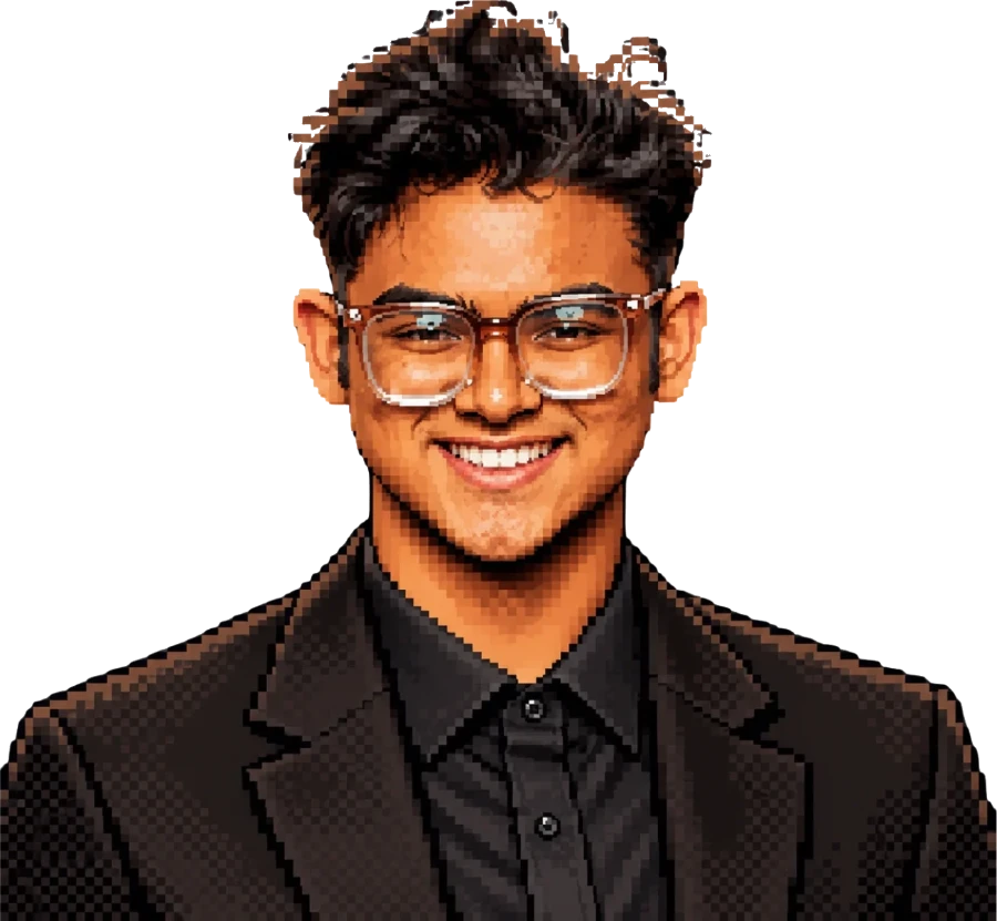 Pixel-art portrait of Salman Akhter smiling, wearing clear glasses and a dark blazer